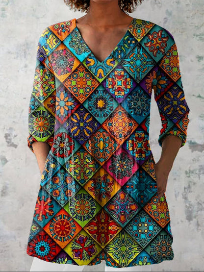 Mediterranean Style Geometric Pattern Printed Women's Casual Linen V-Neck Shirt