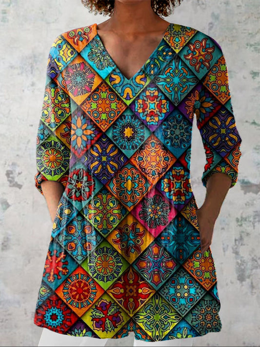 Mediterranean Style Geometric Pattern Printed Women's Casual Linen V-Neck Shirt
