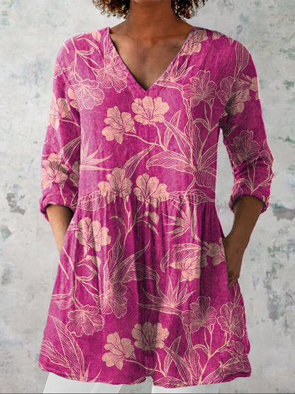 Summer Azalea Floral Pattern Printed Women's Casual Linen V-Neck Shirt