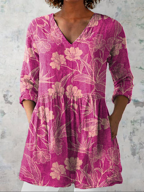 Summer Azalea Floral Pattern Printed Women's Casual Linen V-Neck Shirt