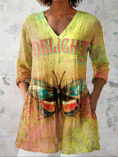 Women's Vintage Love and Peace Butterfly Flowers Art Print Casual Linen V-neck Shirt