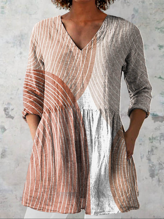 Women's Abstract Geometric Line Pattern Art Print Casual Linen V-neck Shirt