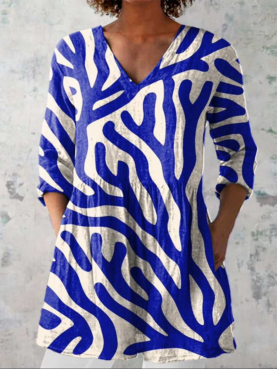 Simple Coral Pattern Printed Women's Casual Linen V-Neck Shirt