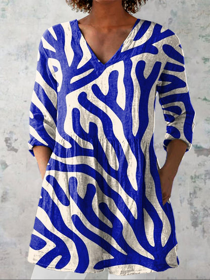 Simple Coral Pattern Printed Women's Casual Linen V-Neck Shirt