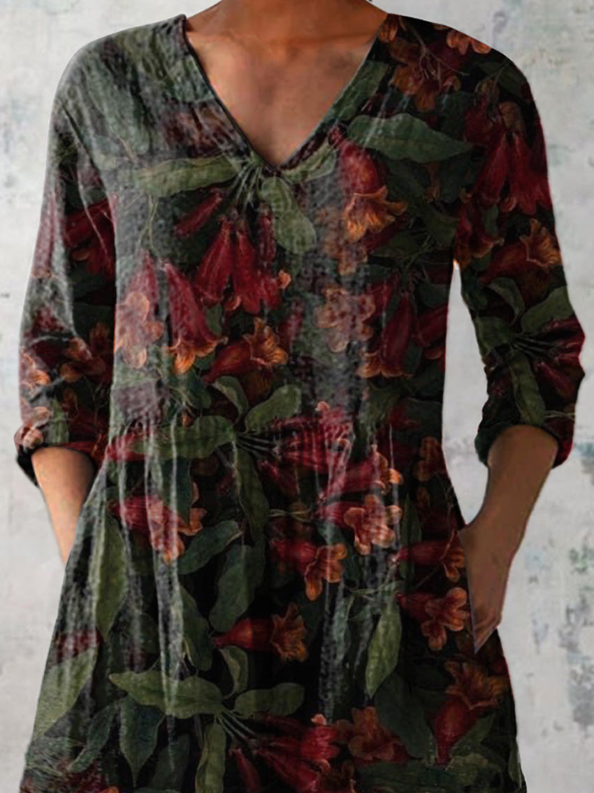 Midnight Tropical Summer Floral Pattern Printed Women's Casual Linen V-Neck Shirt