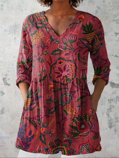 Summer Tropical Botanic Pattern Printed Women's Casual Linen V-Neck Shirt