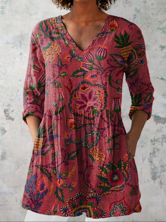 Summer Tropical Botanic Pattern Printed Women's Casual Linen V-Neck Shirt
