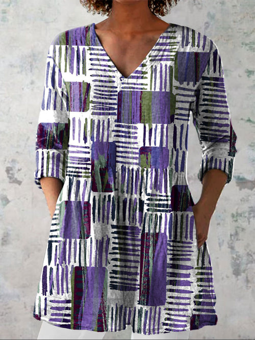 Women's Fashion Color Block Art Print Casual Linen V-neck Shirt