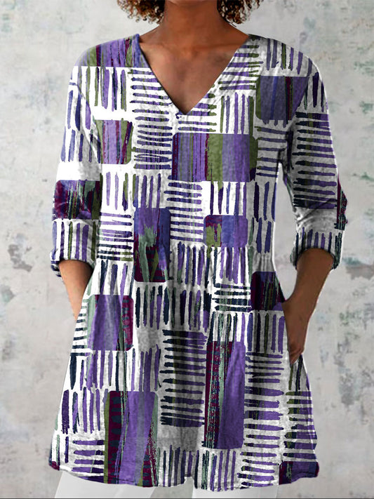 Women's Fashion Color Block Art Print Casual Linen V-neck Shirt