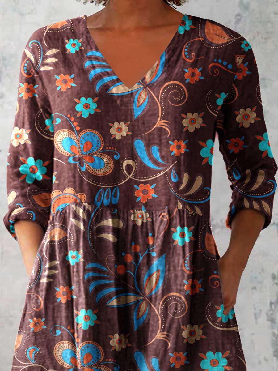 Women's Elegant Floral Print Cotton and Linen Top