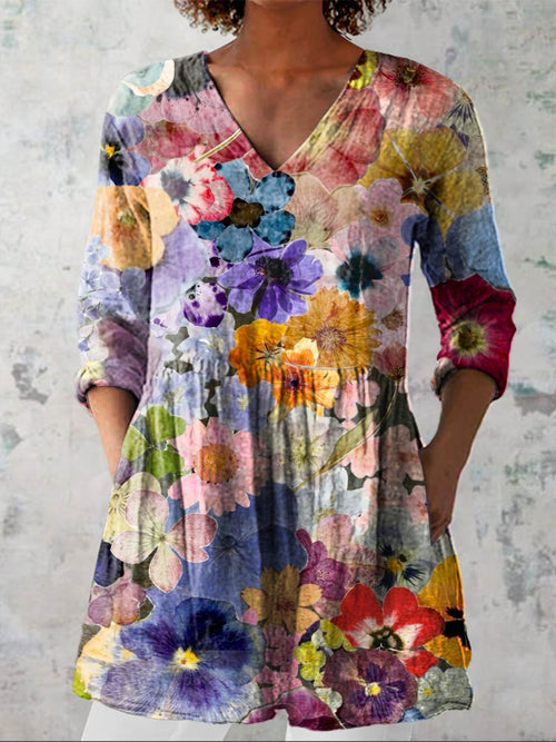 Women's Vintage Floral Art Print Casual Cotton Linen V-neck Shirt
