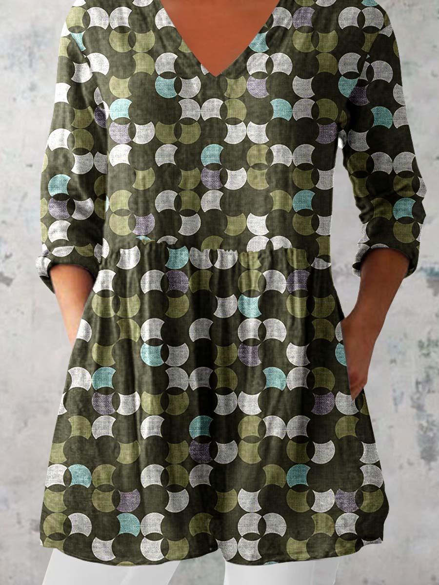 Women's Art Geometric Print V-Neck Cotton and Linen Top