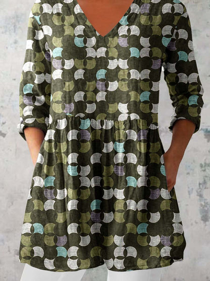 Women's Art Geometric Print V-Neck Cotton and Linen Top