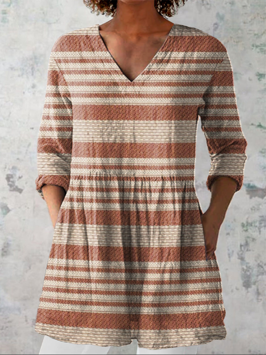 Minimalist Strip Pattern Printed Women's Casual Linen V-Neck Shirt