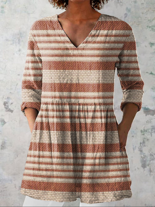 Minimalist Strip Pattern Printed Women's Casual Linen V-Neck Shirt