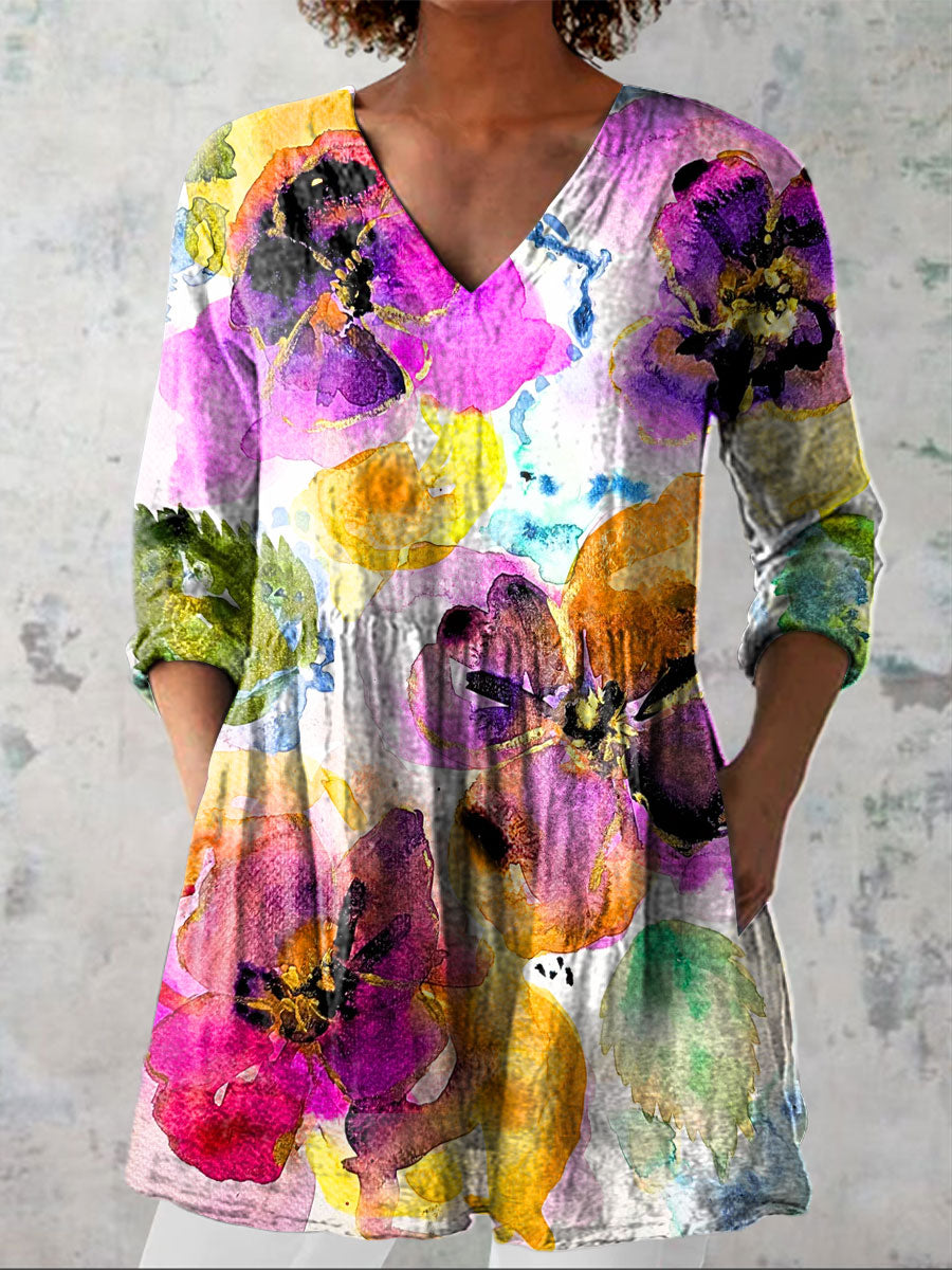 Women's Colorful Flower Art Print Casual Linen V-neck Shirt