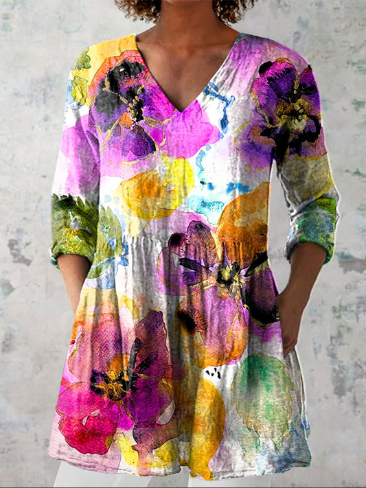 Women's Colorful Flower Art Print Casual Linen V-neck Shirt