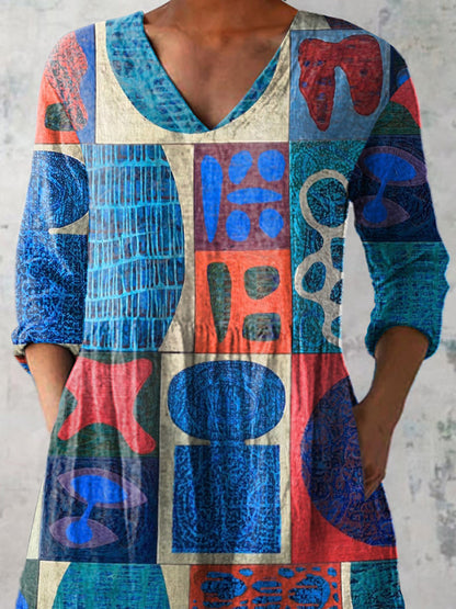 Summer Geometric Pattern Printed Women's Casual Linen V-Neck Shirt