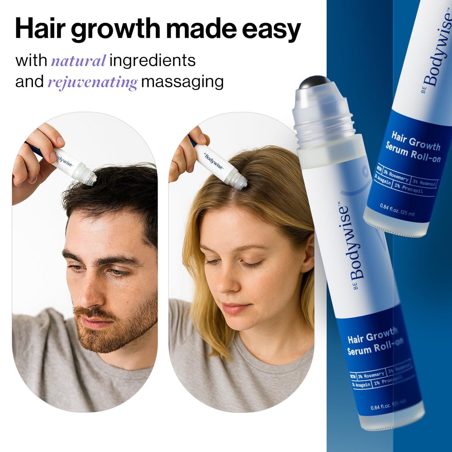 Be Bodywise Advanced Hair Growth Roll-On Serum | 3% Rosemary | 2% Aminexil | 3% Redensy l 2% Anagain | Precision Scalp Applicator | Paraben & Sulphate Free | Non oily and mess free