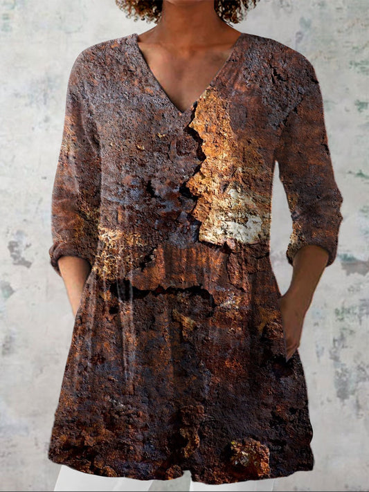 Women's  Vintage Aged Rust Print Casual Linen V-neck Shirt