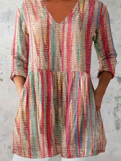 Women's Artistic Irregular Pattern Cotton and Linen Round Neck Top