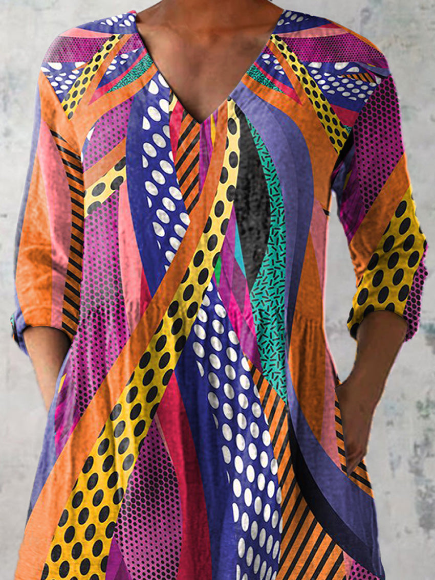 Abstract Geometric Pattern Printed Women's Casual Linen V-Neck Shirt