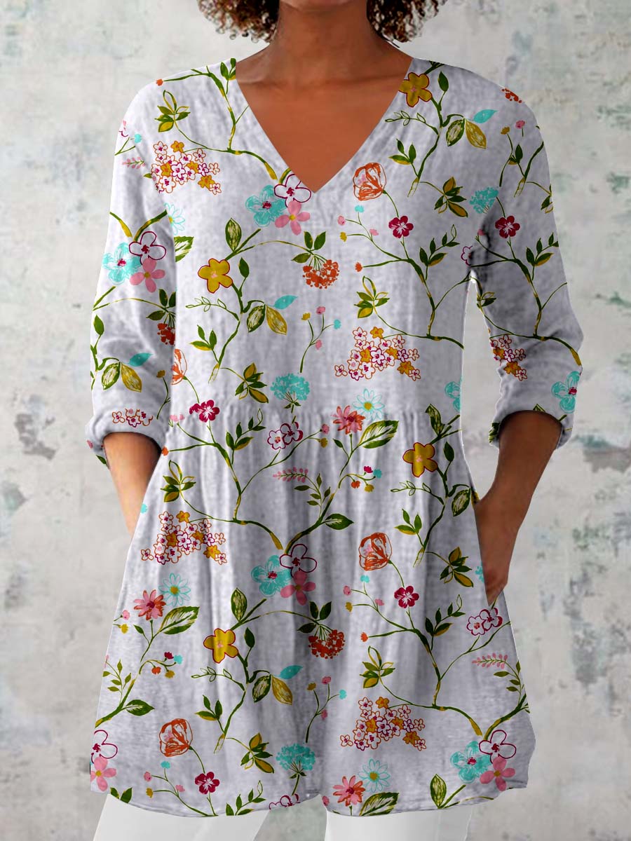 Women's Elegant Floral Pattern Cotton and Linen Top