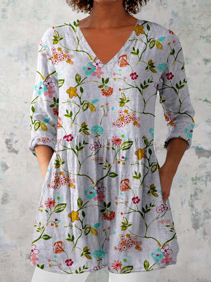 Women's Elegant Floral Pattern Cotton and Linen Top
