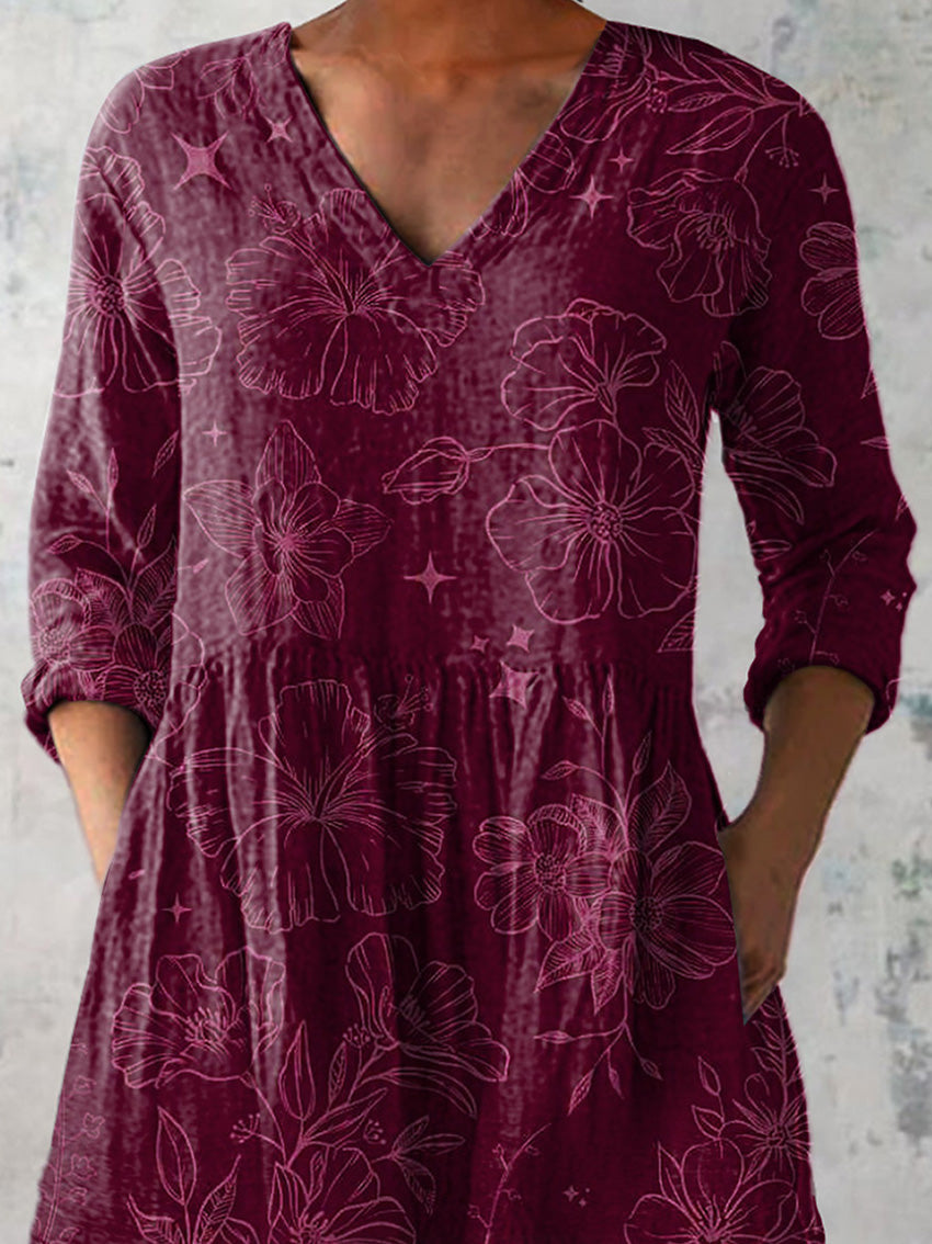 Morning Glory Floral Pattern Printed Women's Casual Linen V-Neck Shirt