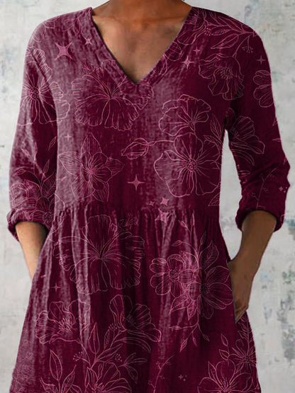 Morning Glory Floral Pattern Printed Women's Casual Linen V-Neck Shirt