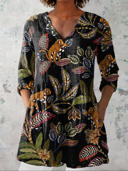 Tropical Woodland Pattern Printed Women's Casual Linen V-Neck Shirt