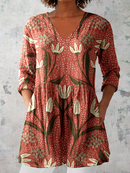 Women's Elegant Art Floral Print V-Neck Cotton and Linen Top