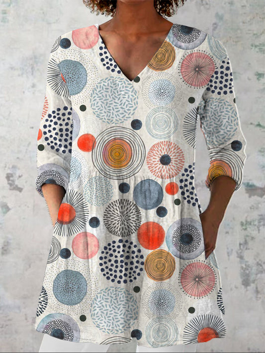 Watercolor Abstract Pattern Printed Women's Casual Linen V-Neck Shirt