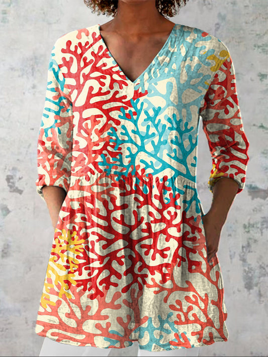 Vibrant Coral Reef Pattern Printed Women's Casual Linen V-Neck Shirt