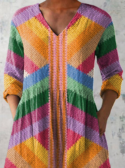 Summer Woven Pattern Printed Women's Casual Linen V-Neck Shirt