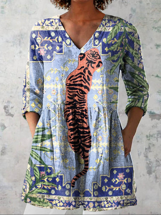 Women's Lovely Floral Tiger Pattern Art Print Casual Cotton Linen V-neck Shirt