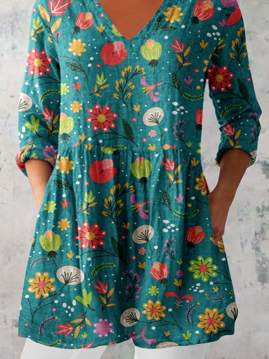 Women's Elegant Floral Pattern Cotton and Linen Top