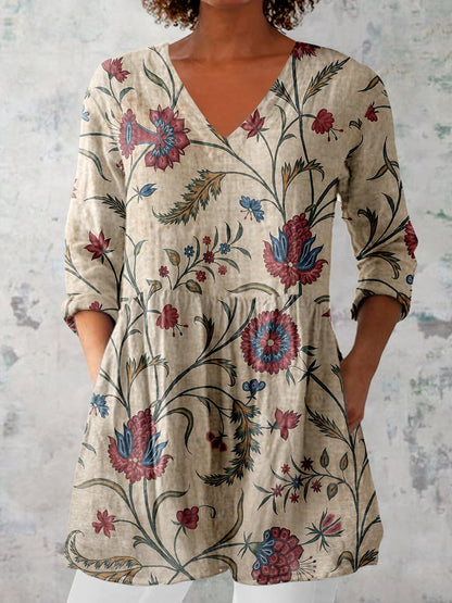 Women's Elegant Floral Print Cotton and Linen Top