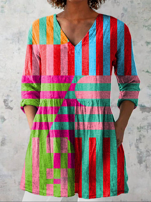 Women's Geometric Pattern Art Print Casual Cotton Linen V-neck Shirt