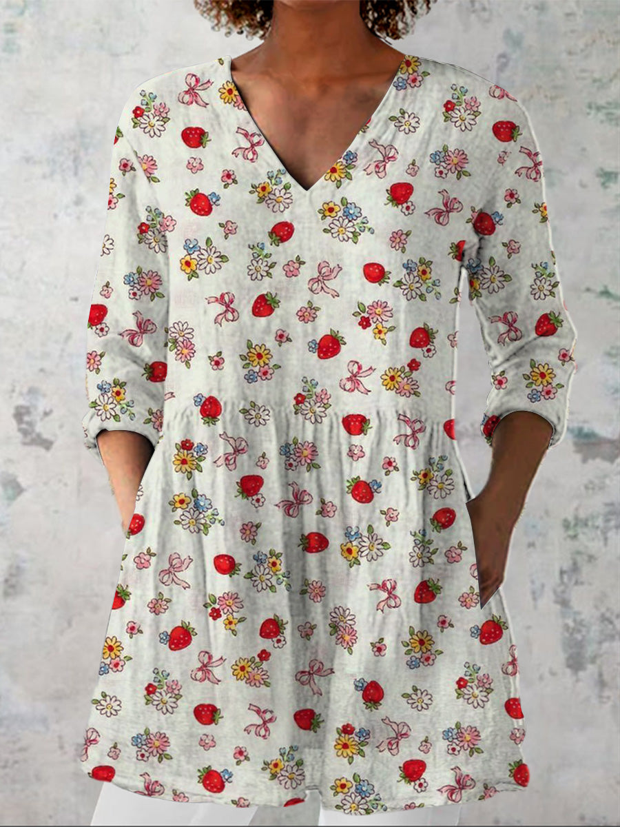 Vintage Summer Strawberry Pattern Printed Women's Casual Linen V-Neck Shirt