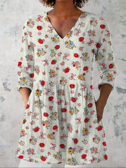 Vintage Summer Strawberry Pattern Printed Women's Casual Linen V-Neck Shirt