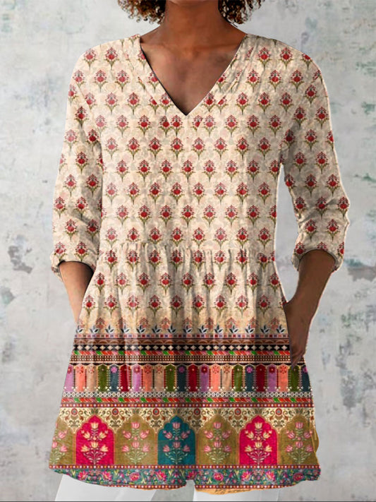 Women's Boho Flowers Art Print Casual Linen V-neck Shirt