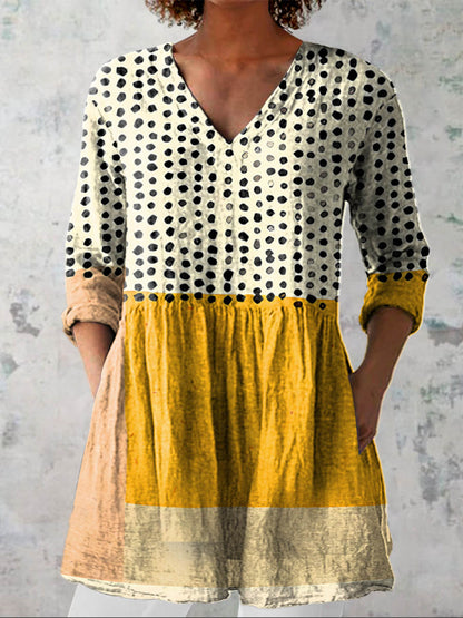 Women's Abstract Geometric Dot Pattern Art Print Casual Cotton Linen V-neck Shirt
