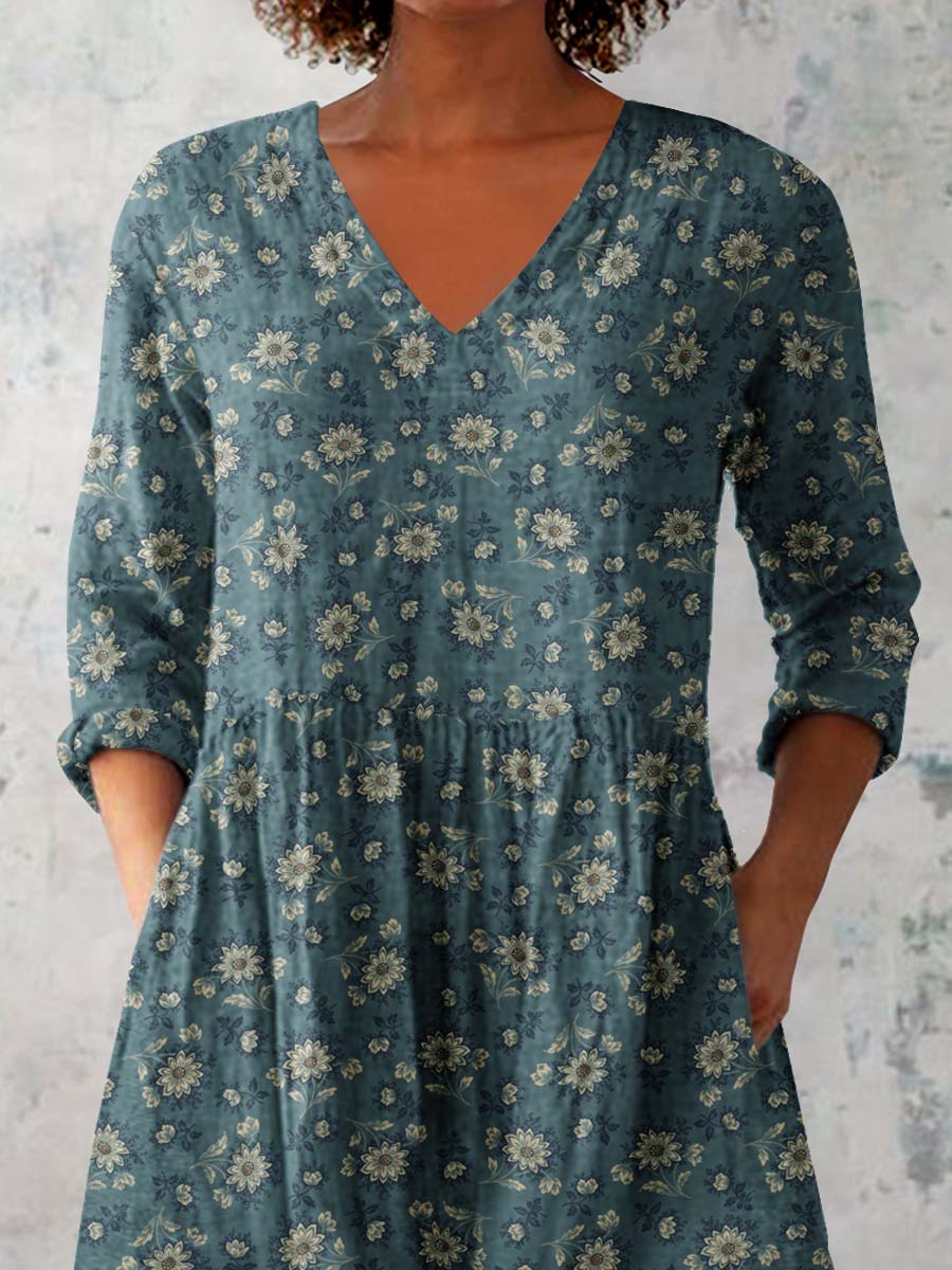 Women's Classic Round Neck Floral Pattern Cotton and Linen Top