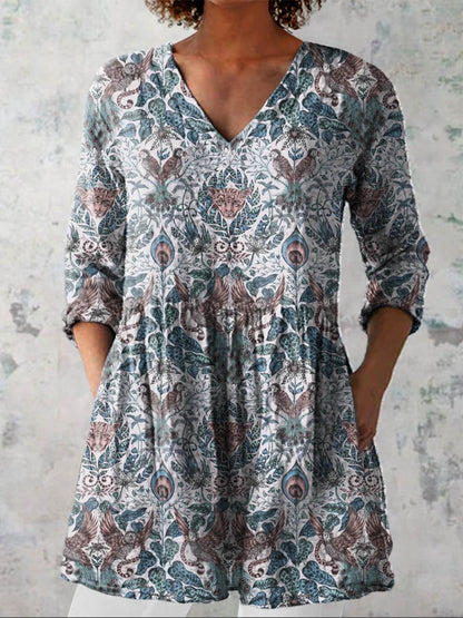 Women's Vintage Lovely Floral Animals Art Print Casual Linen V-neck Shirt