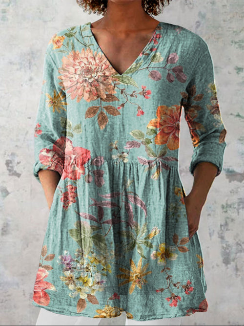 Women's Vintage Flower Art Print Casual Linen V-neck Shirt