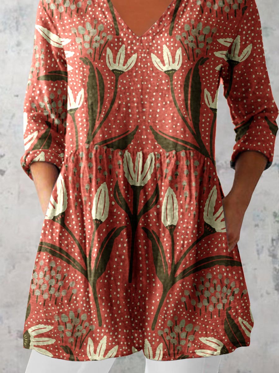 Women's Elegant Art Floral Print V-Neck Cotton and Linen Top