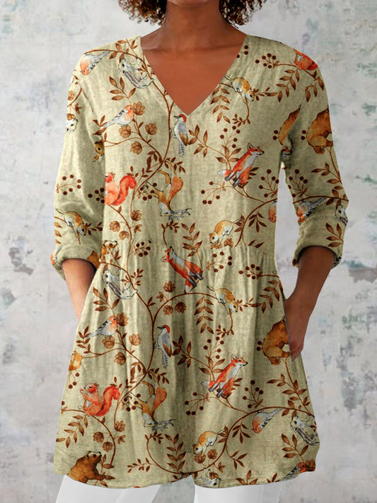 Women's Elegant Floral Pattern Cotton and Linen Top
