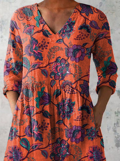 Vintage Summer Floral Pattern Printed Women's Casual Linen V-Neck Shirt