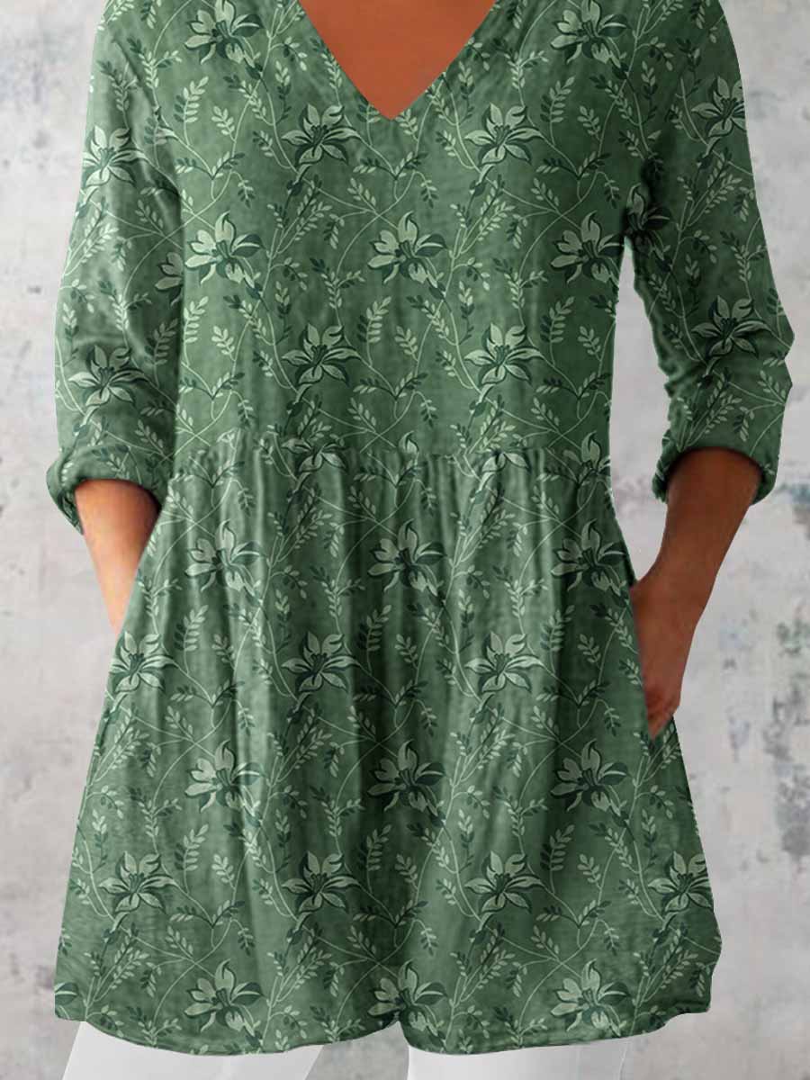 Women's Elegant Floral Pattern Round Neck Cotton and Linen Top